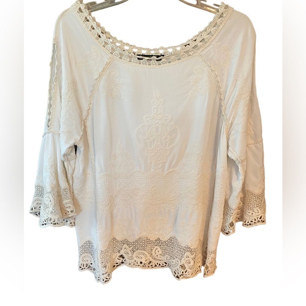 SpiaggiaDolce Sz S Beige Boho Embroidered Lace Angel Sleeves Relaxed Fit Top